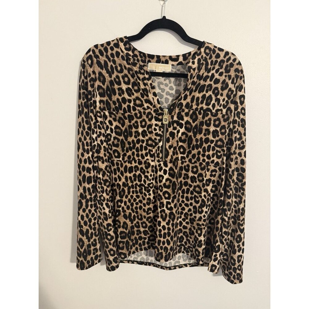 Michael Kors Women’s Zip Front Blouse Leopard Print Size Large